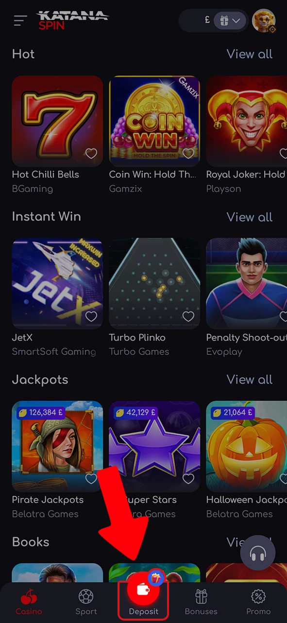 Find the deposit button on Katanaspin and top up your account.