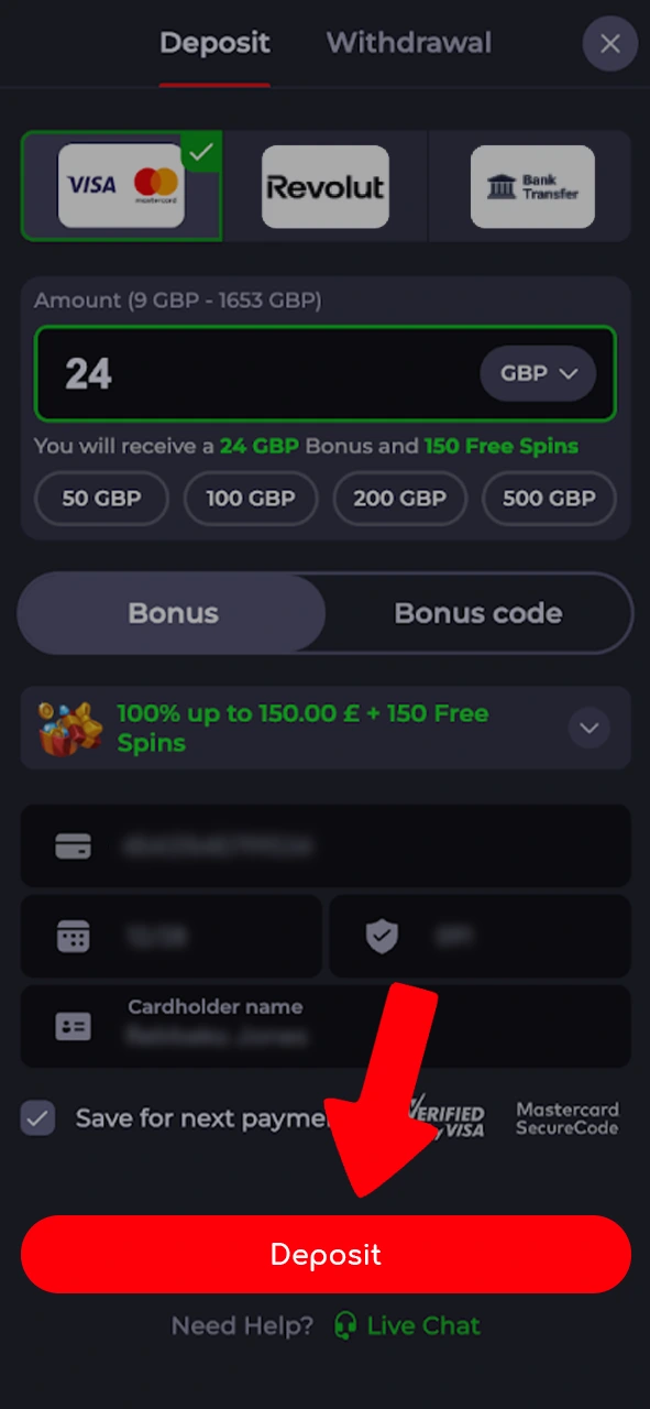 Fill out the deposit form and confirm the transaction on Katanaspin.