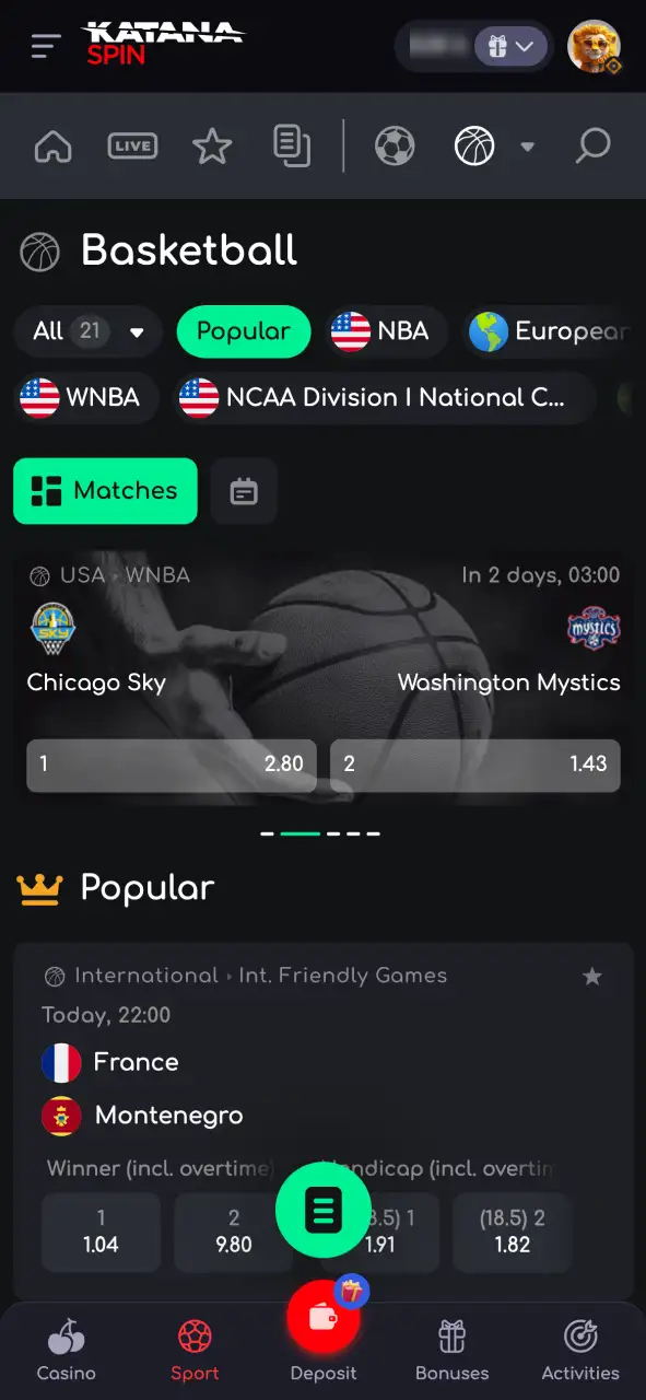 Go to the Sports section on Katanaspin, select basketball, and choose a league to place bets.