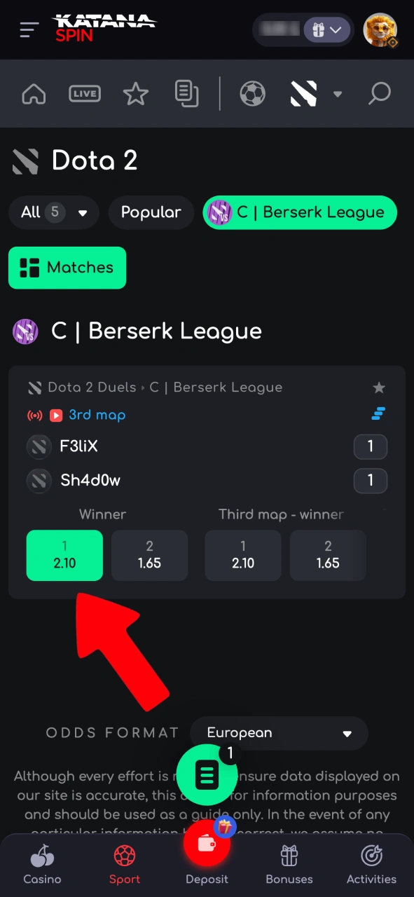 On Katanaspin, choose a match and pick your preferred type of esports bet.