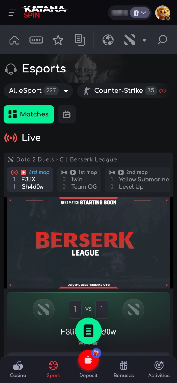 Navigate to the esports section on Katanaspin by opening the Sports tab and selecting a game.