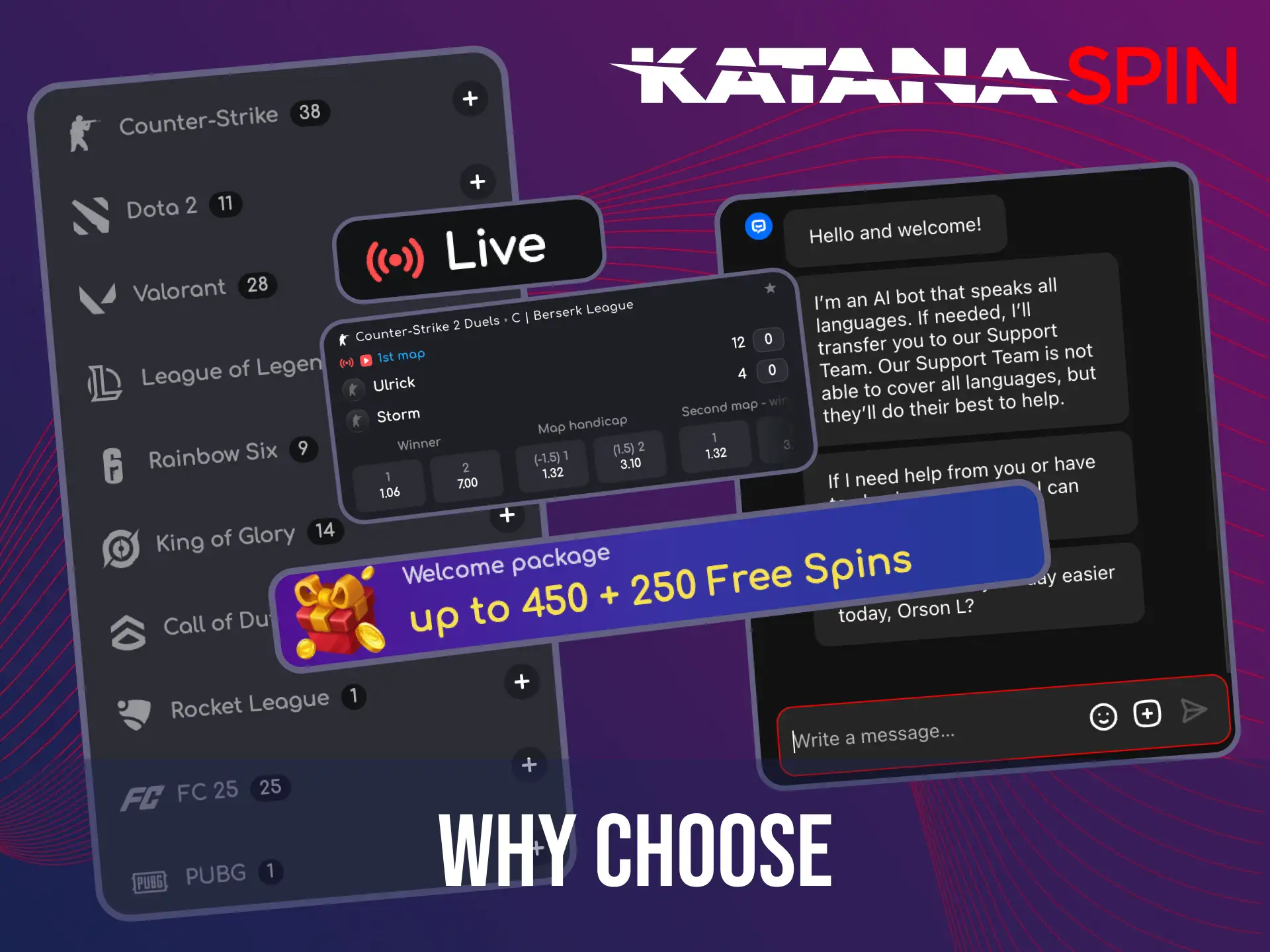 Katanaspin offers guaranteed welcome bonuses and 24/7 support for esports bettors in the UK.