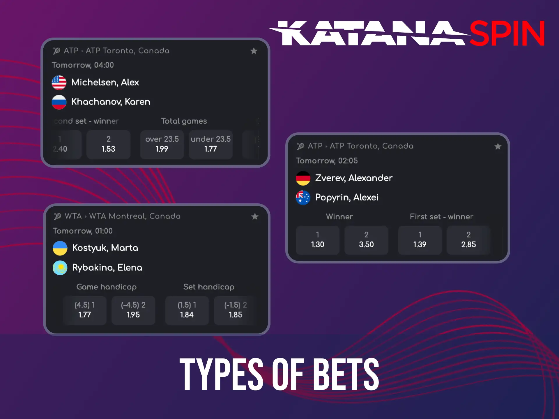 Enjoy various tennis betting options on Katanaspin including Handicap, Total, and Winner for all matches.
