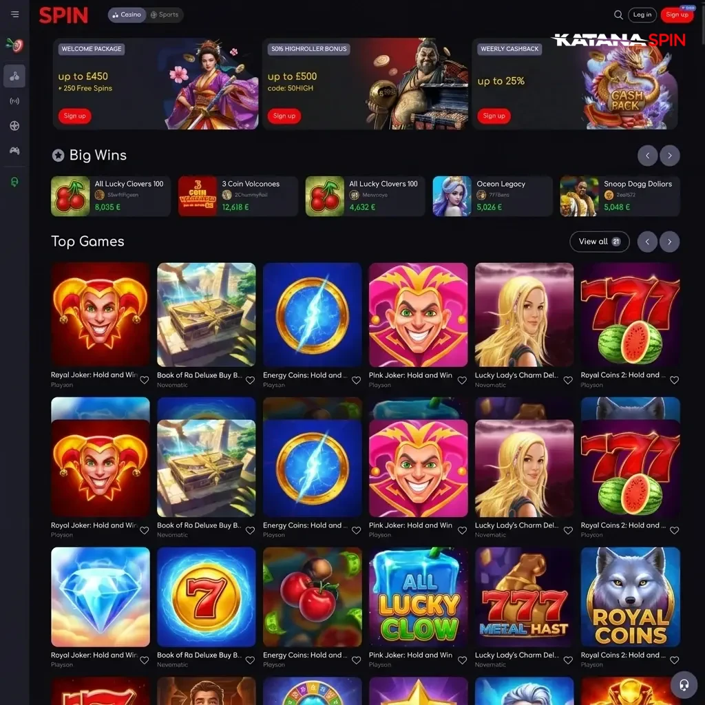 KatanaSpin Casino lobby showcasing 7000 plus games from 80 providers including slots and live dealer tables