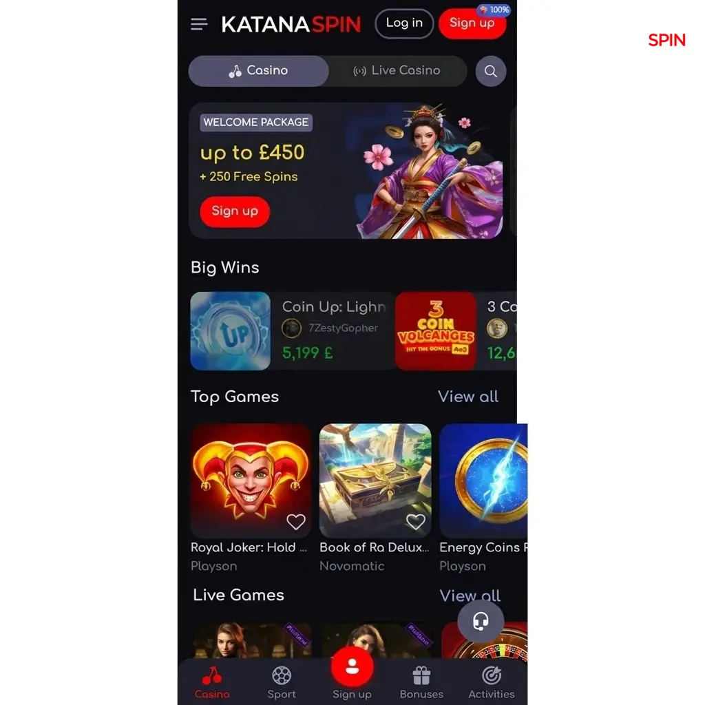 KatanaSpin mobile app features including casino, sportsbook, live dealer games, fast payments, and 24/7 support for UK players